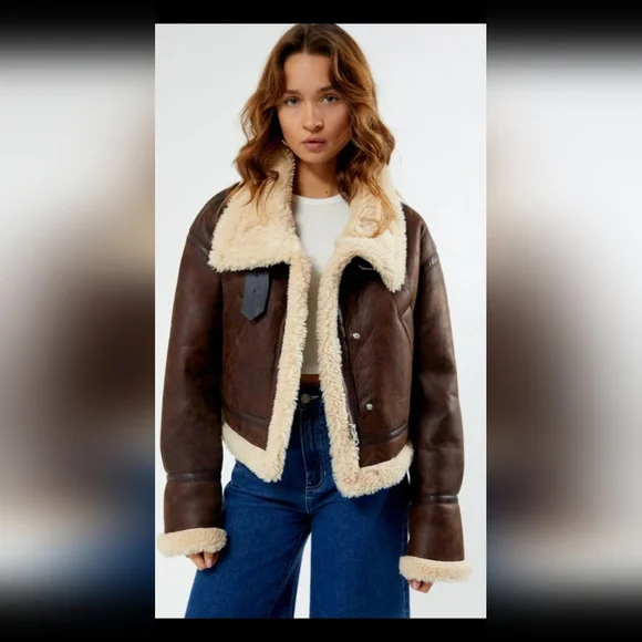 PACSUN Faux Leather Sherpa Moto Jacket. Brown/cream. Size Small - Picture 2 of 16